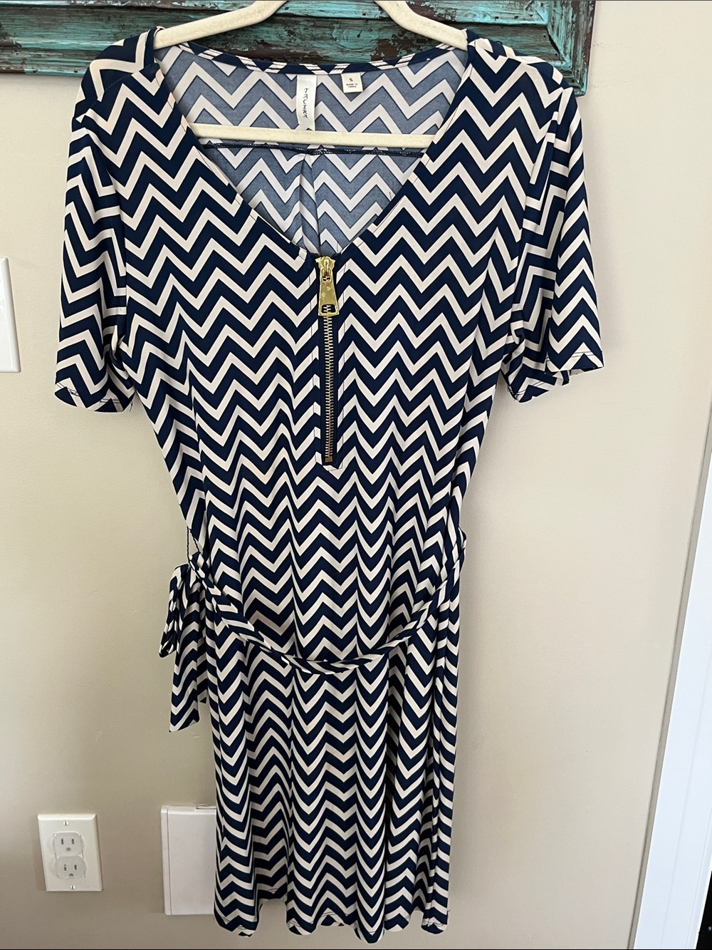 Tacera Navy and White Chevron Zip-Front Dress